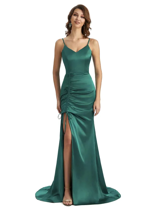Sexy Spaghetti Straps Side Slit Mermaid Silky Satin Chic Long Bridesmaid Dresses sold by ChicSew