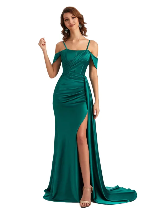 Sexy Side Slit Cold Shoulder Mermaid Satin Chic Long Wedding Guest Dresses sold by ChicSew