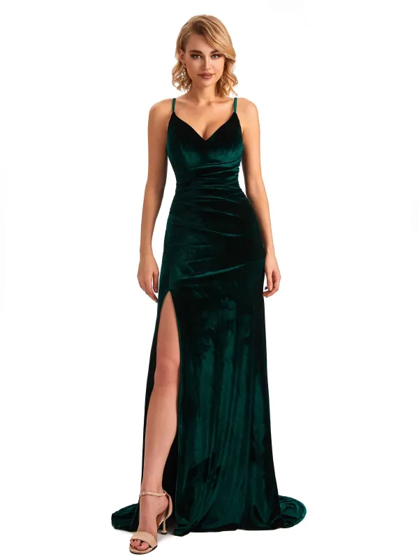 Sexy Mermaid Spaghetti Straps V-neck Velvet Side Slit Long Bridesmaid Dresses sold by ChicSew