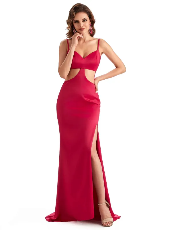 Sexy Side Slit Spaghetti Straps Mermaid Silky Satin Dress For Wedding sold by ChicSew