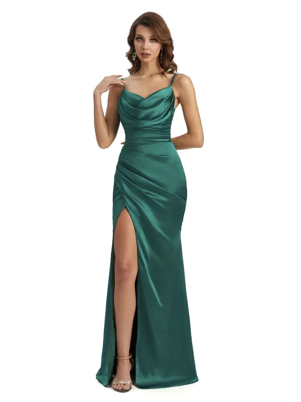 Sexy Side Slit Mermaid Silky Satin Cowl Unique Long Formal Dresses For Weddings sold by ChicSew