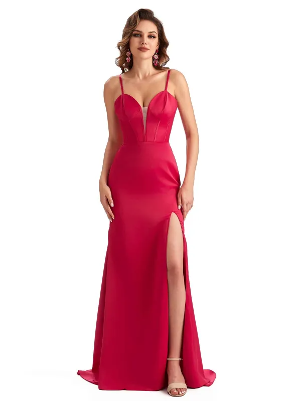 Sexy Side Slit Spaghetti Straps Mermaid Unique Long Satin Dresses For Bridesmaid sold by ChicSew