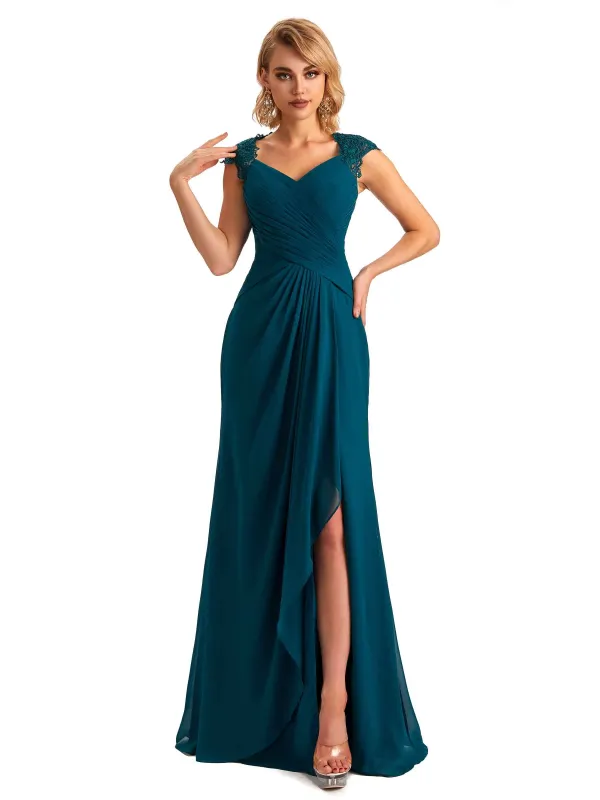 Elegant Side Slit Chiffon Cap Sleeves Long Mother of the Brides Dresses Online sold by ChicSew