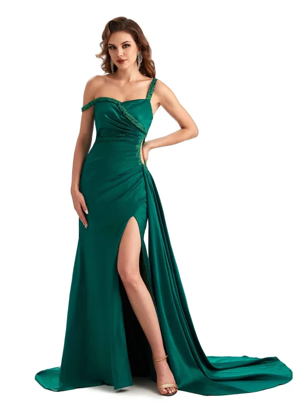 Sexy Side Slit Mermaid Silky Satin One Shoulder Modern Bridesmaid Dresses Online sold by ChicSew