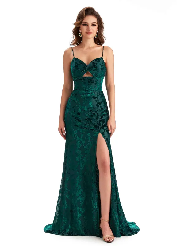 Sexy Spaghetti Straps Side Slit Mermaid Floral Velvet Long Modern Bridesmaid Dresses sold by ChicSew