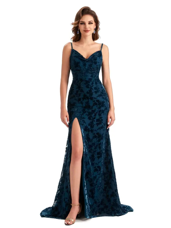 Sexy Side Slit Spaghetti Straps V-Neck Mermaid Floral Velvet Long Bridesmaid Dresses sold by ChicSew
