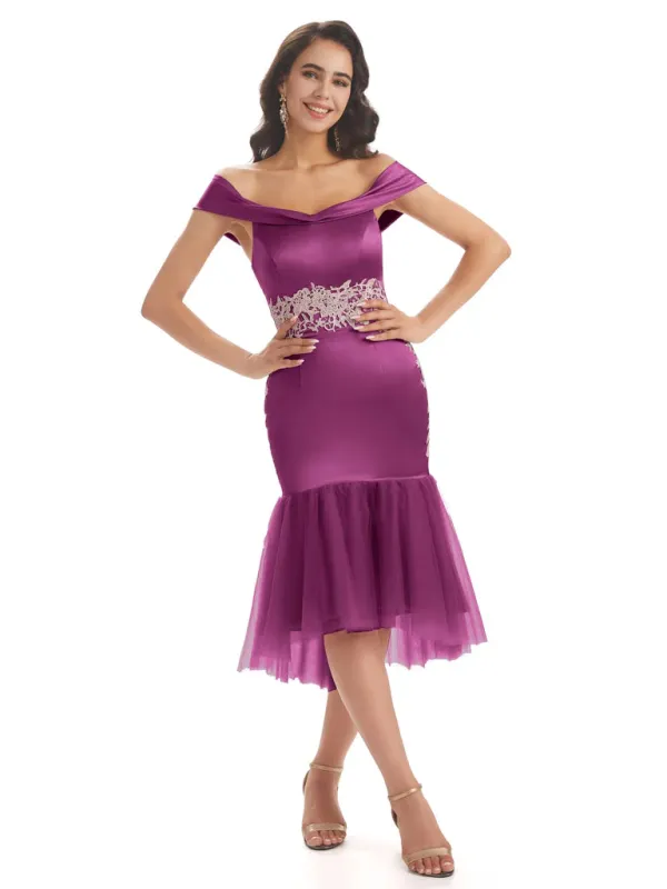 Sexy Soft Satin Off Shoulder High Low Mermaid Midi Short Prom Dresses In Stock sold by ChicSew