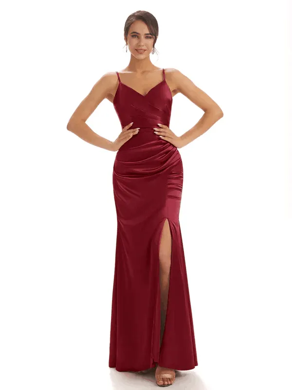 Sexy Spaghetti Straps Soft Satin Pleats Side Slit Mermaid Long Bridesmaid Dresses In Stock made by ChicSew