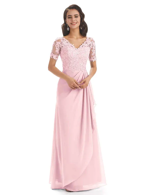 Elegant Lace Short Sleeves Chiffon V-Neck Floor-Length Mother Of The Bride Dresses In Stock sold by ChicSew