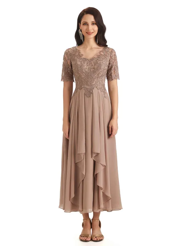 Elegant Short Sleeves Chiffon Lace Ankle-Length Short Mother of The Bride Dresses sold by ChicSew