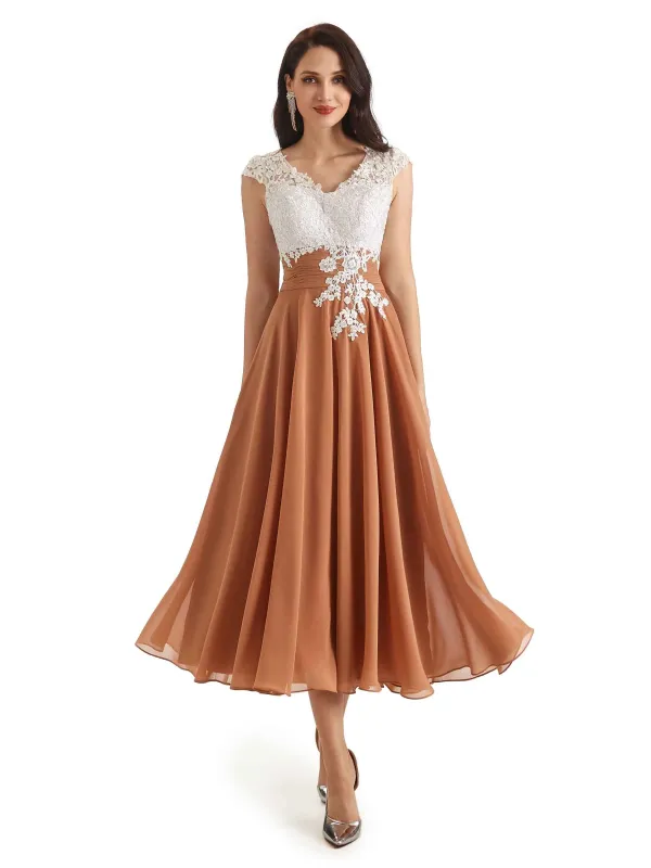 Elegant Tea Length Short Flowy Lace Mother Of The Bride Dresses Online sold by ChicSew