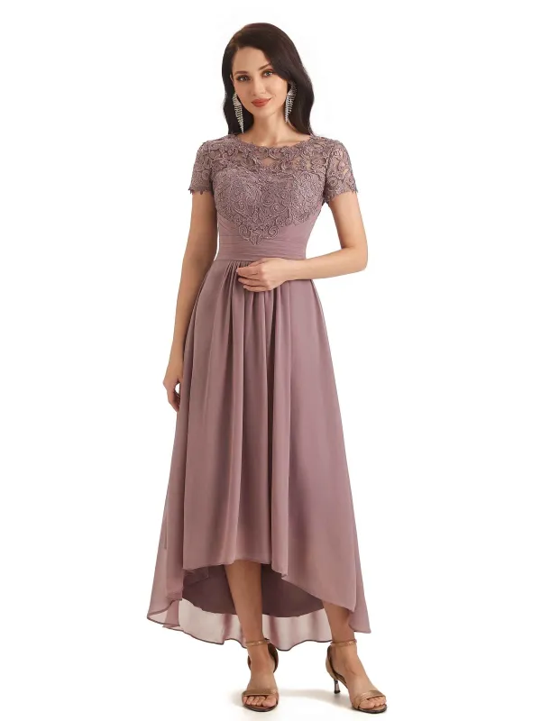 Elegant A-line Chiffon Lace Jewel Short Sleeves High Low Mother Of The Bride Dresses sold by ChicSew