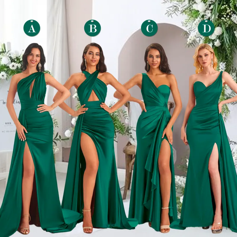Emerald Sexy Side Slit Floor-Length Mismatched Soft Satin Mermaid Long Bridesmaid Dresses Online sold by ChicSew