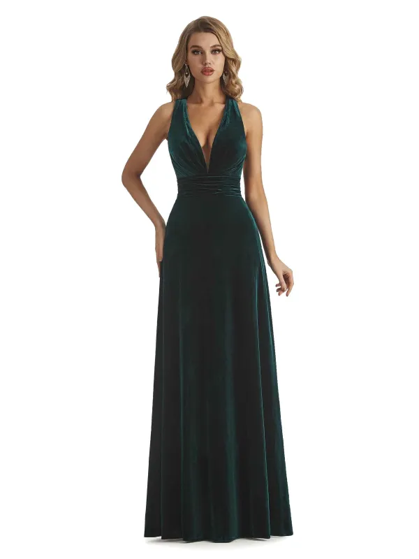 Elegant Mermaid V-Neck Criss Cross Velvet Long Bridesmaid Dresses Online sold by ChicSew