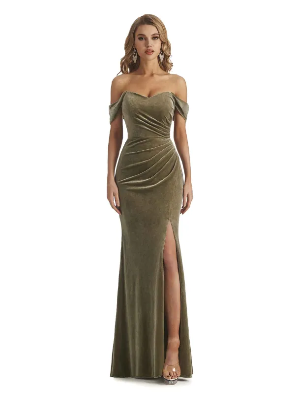 Elegant Mermaid Off Shoulder Pleats Velvet Side Slit Long Bridesmaid Dresses made by ChicSew