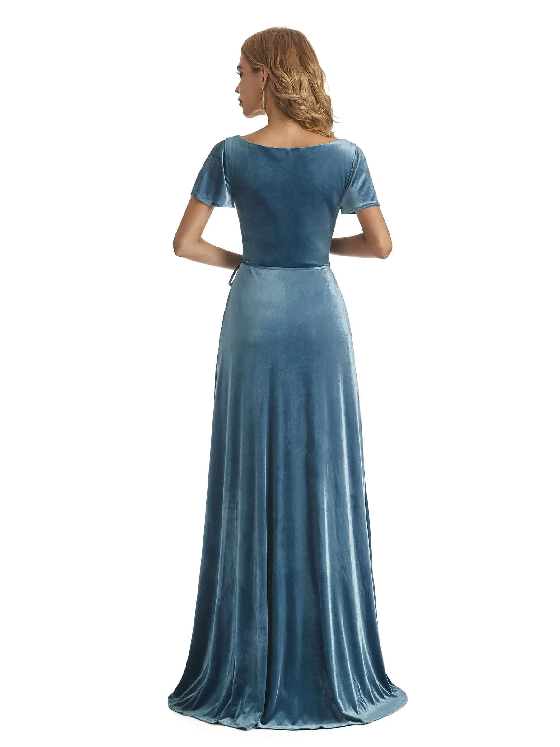 Elegent V-neck Short Sleeves Velvet Long Bridesmaid Dresses Online sold by ChicSew product image thumbnail 3