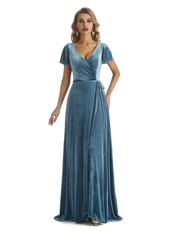 Elegent V-neck Short Sleeves Velvet Long Bridesmaid Dresses Online made by ChicSew