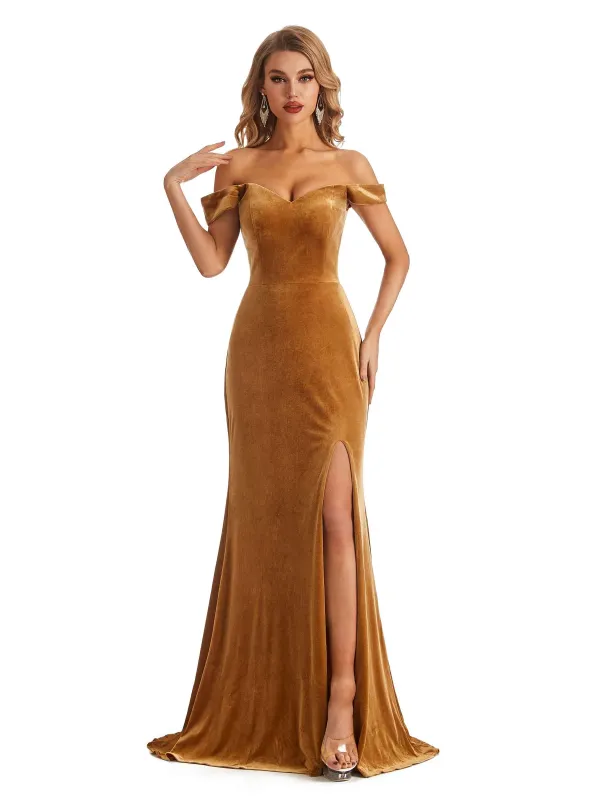 Elegant Mermaid Off the Shoulder Side Slit Velvet Long Bridesmaid Dresses sold by ChicSew