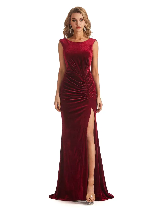Sexy Open Back Mermaid Velvet Jewel High Split Maxi Long Bridesmaid Dresses Online sold by ChicSew