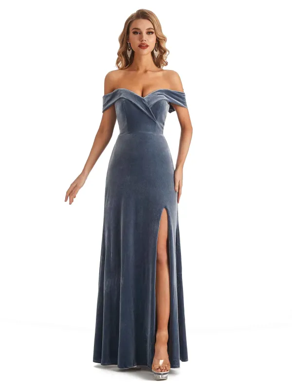 Elegant Mermaid Off the Shoulder Backless Velvet Side Slit Long Bridesmaid Dresses sold by ChicSew