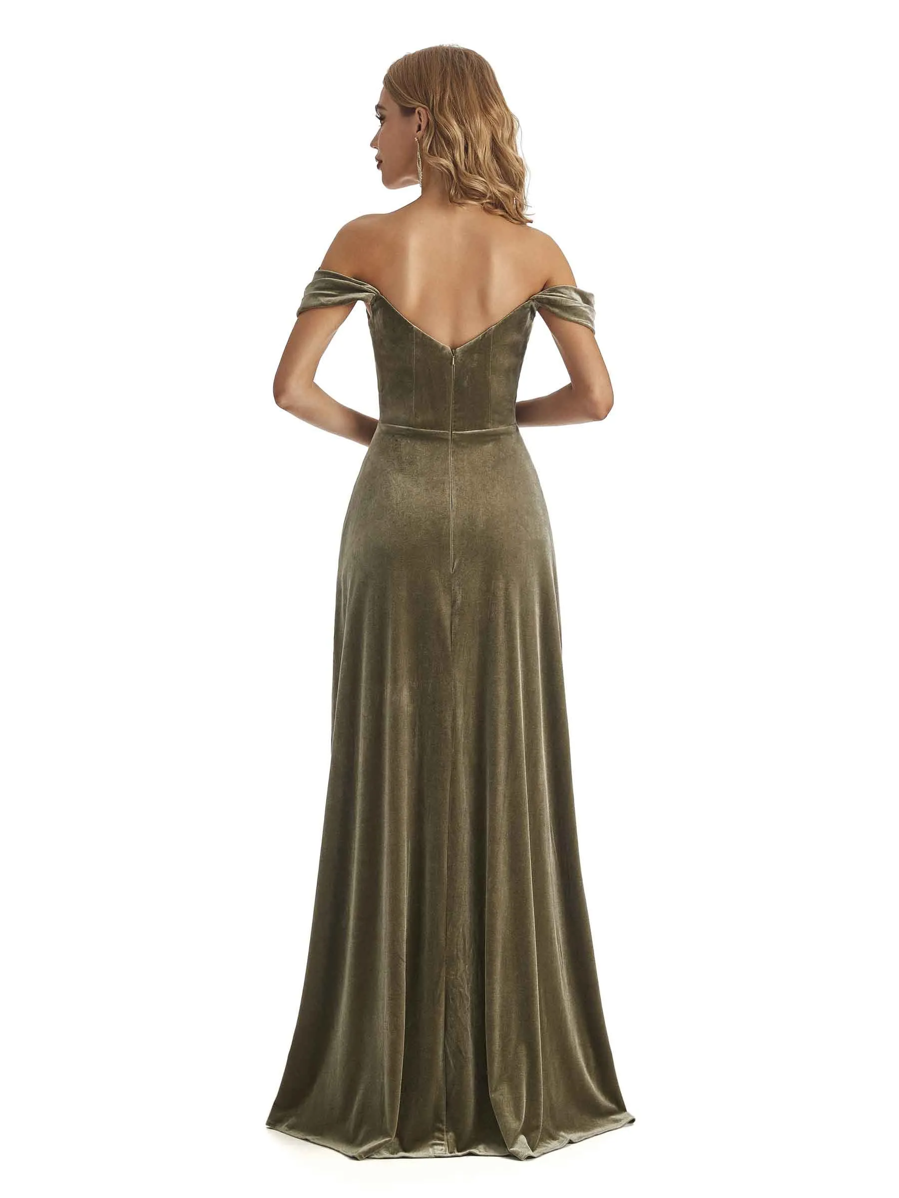 Elegant Mermaid Off the Shoulder Unique Velvet Side Slit Long Bridesmaid Dresses sold by ChicSew product image thumbnail 3