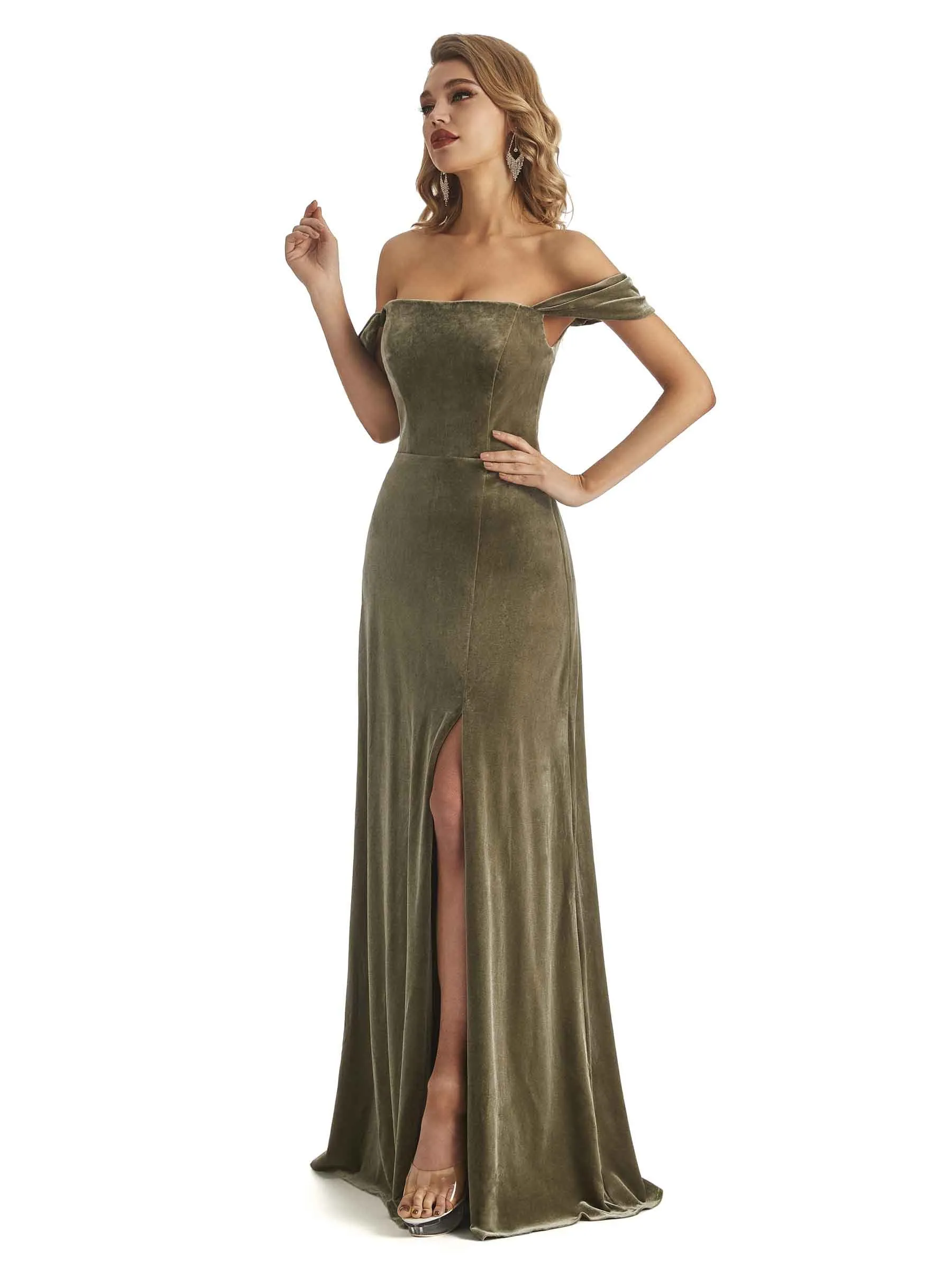 Elegant Mermaid Off the Shoulder Unique Velvet Side Slit Long Bridesmaid Dresses sold by ChicSew product image thumbnail 4
