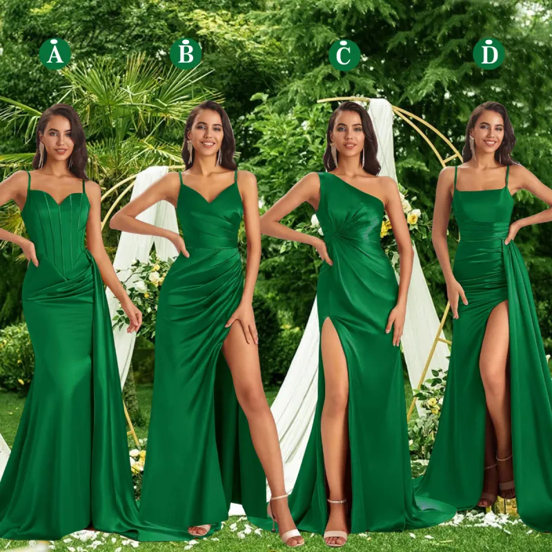 Mismatched Green Sexy Side Slit Mermaid Soft Satin Long Bridesmaid Dresses Online sold by ChicSew
