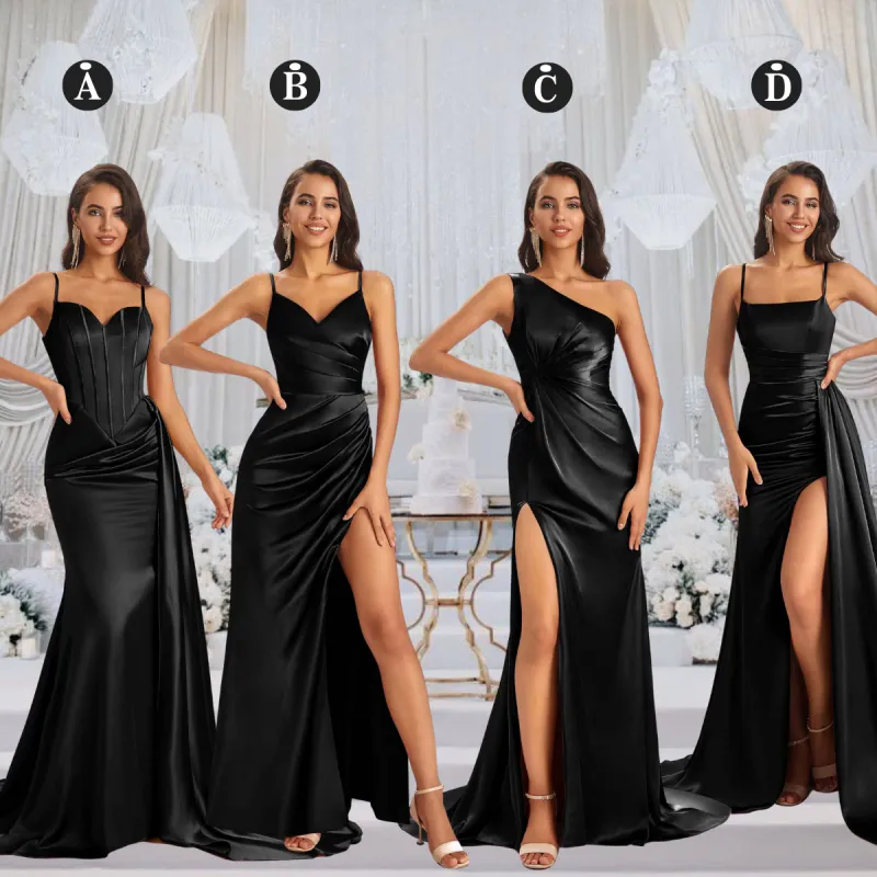 Mismatched Black Sexy Side Slit Mermaid Soft Satin Long Bridesmaid Dresses Online sold by ChicSew