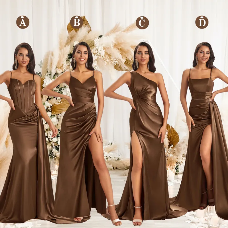 Mismatched Brown Sexy Side Slit Mermaid Soft Satin Long Bridesmaid Dresses Online sold by ChicSew