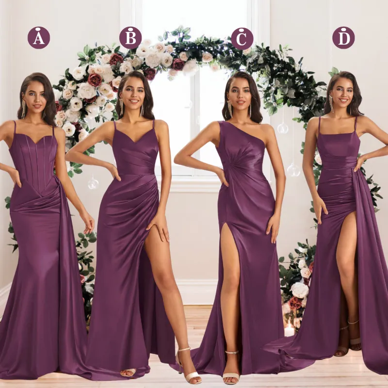Mismatched Grape Sexy Side Slit Mermaid Soft Satin Long Bridesmaid Dresses Online sold by ChicSew