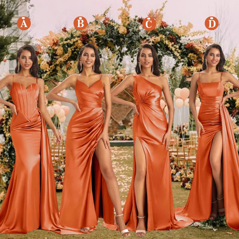 Mismatched Papaya Sexy Side Slit Mermaid Soft Satin Long Bridesmaid Dresses Online sold by ChicSew