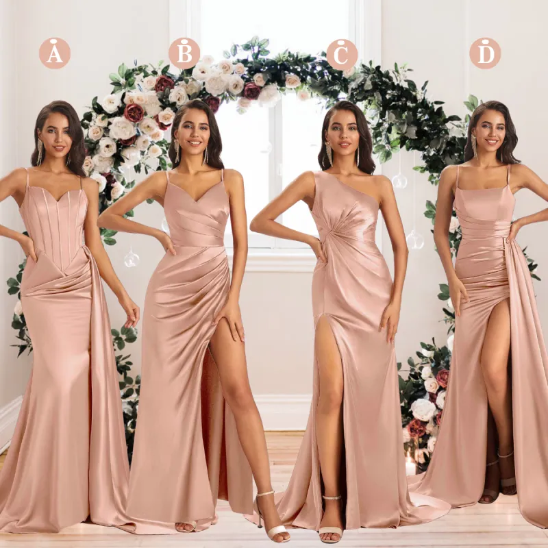 Mismatched Rose-Gold Sexy Side Slit Mermaid Soft Satin Long Bridesmaid Dresses Online sold by ChicSew