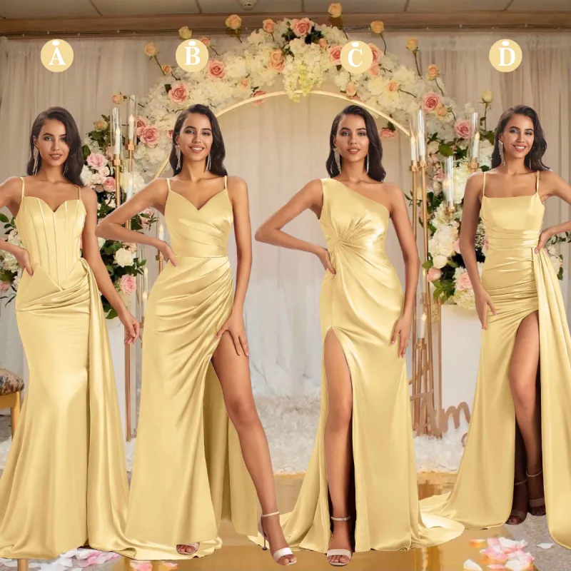 Mismatched Gold Sexy Side Slit Mermaid Soft Satin Long Bridesmaid Dresses Online sold by ChicSew