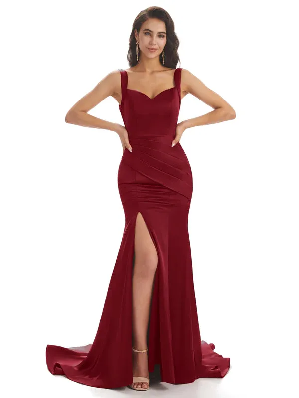Mismatched Burgundy Sexy Side Slit Mermaid Soft Satin Long Bridesmaid Dresses Online sold by ChicSew product image thumbnail 4