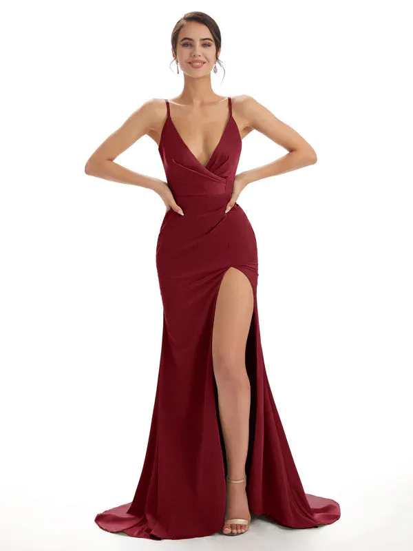 Mismatched Burgundy Sexy Side Slit Mermaid Soft Satin Long Bridesmaid Dresses Online sold by ChicSew product image thumbnail 3