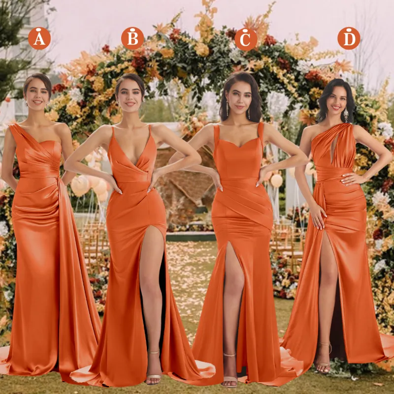 Mismatched Papaya Sexy Side Slit Mermaid Soft Satin Long Bridesmaid Dresses Online sold by ChicSew