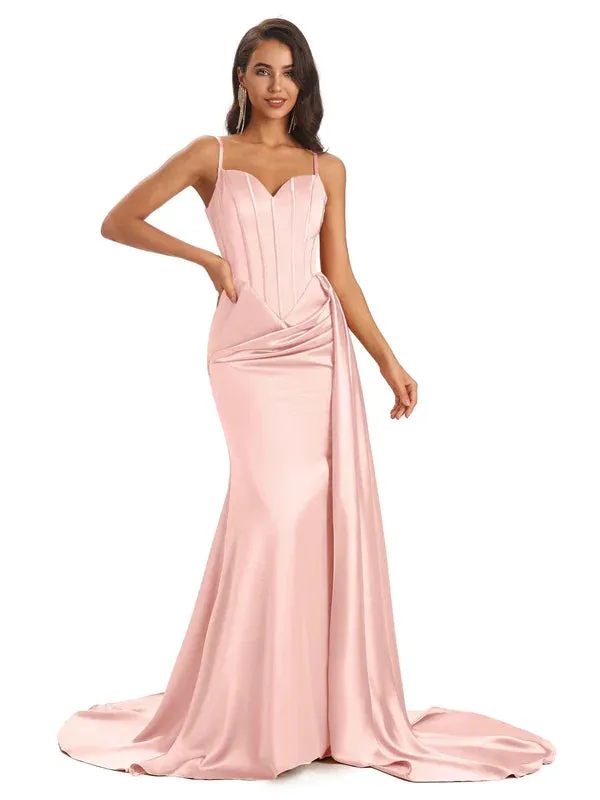 Mismatched Pearl Pink Sexy Side Slit Mermaid Soft Satin Long Bridesmaid Dresses Online sold by ChicSew product image thumbnail 2