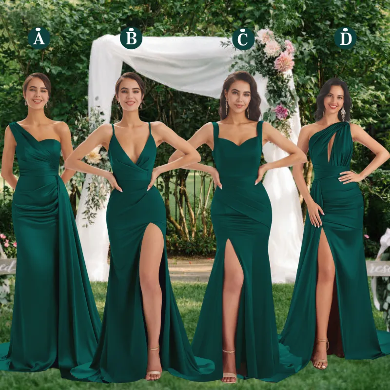 Mismatched Dark Green Sexy Side Slit Mermaid Soft Satin Long Bridesmaid Dresses Online sold by ChicSew