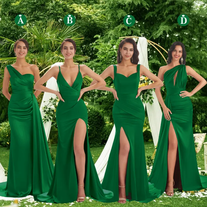 Mismatched Green Sexy Side Slit Mermaid Soft Satin Long Bridesmaid Dresses Online sold by ChicSew