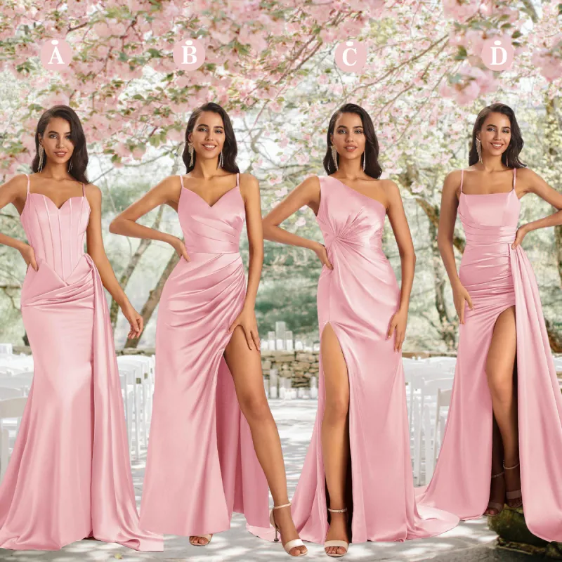 Mismatched Blush Sexy Side Slit Mermaid Soft Satin Long Bridesmaid Dresses Online sold by ChicSew
