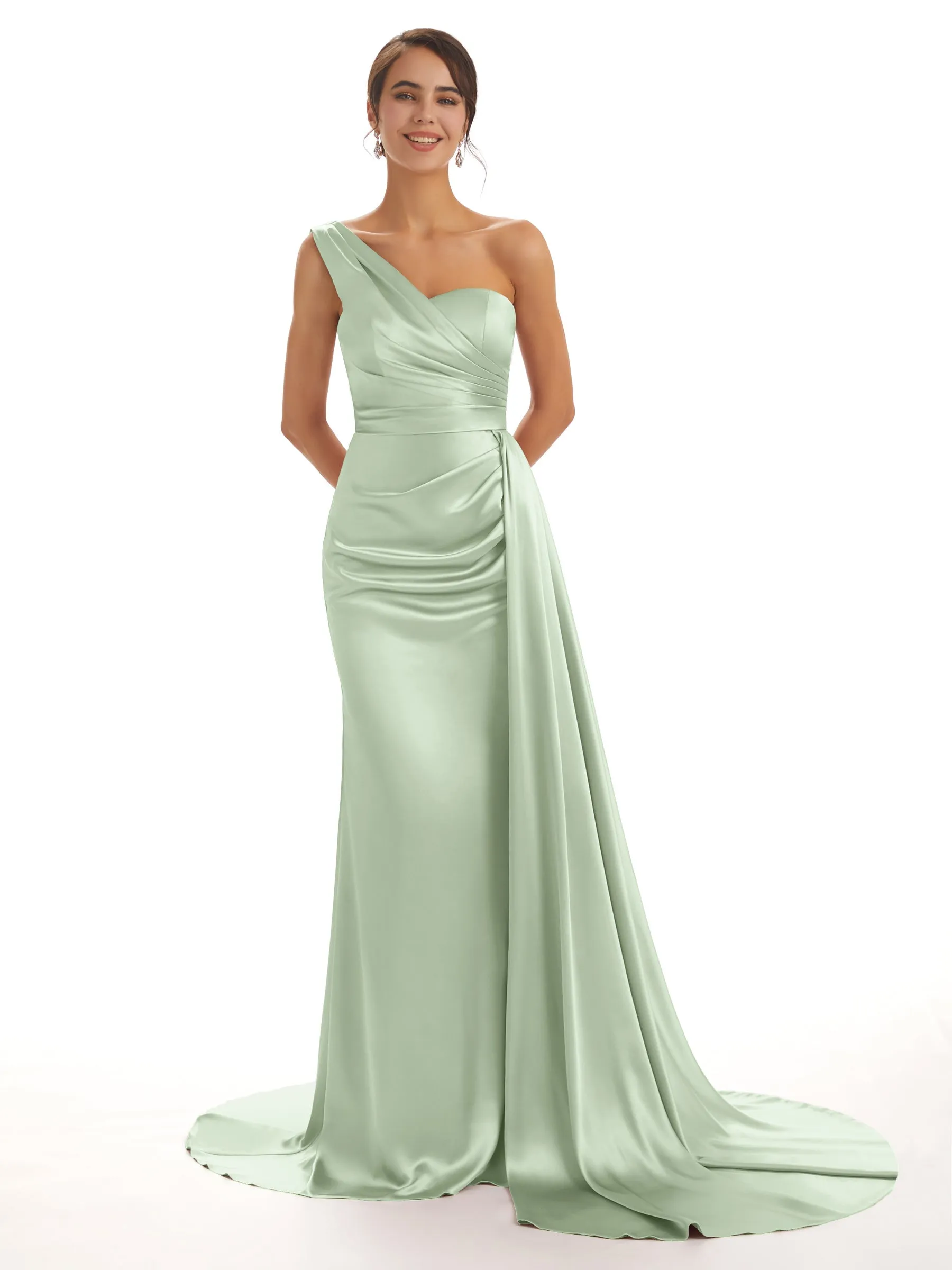 Mismatched Sage Sexy Side Slit Mermaid Soft Satin Long Bridesmaid Dresses Online sold by ChicSew product image thumbnail 2