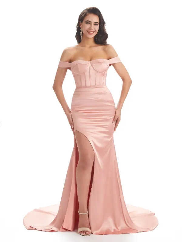 Sexy Side Slit Soft Satin With Off Shoulder Maxi Long Mermaid Formal Prom Dresses Sale sold by ChicSew