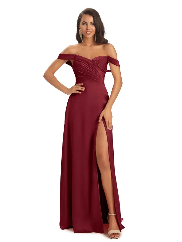 Sexy Side Slit Off The Shoulder Long Satin Maxi Formal Prom Dresses Online Sale sold by ChicSew