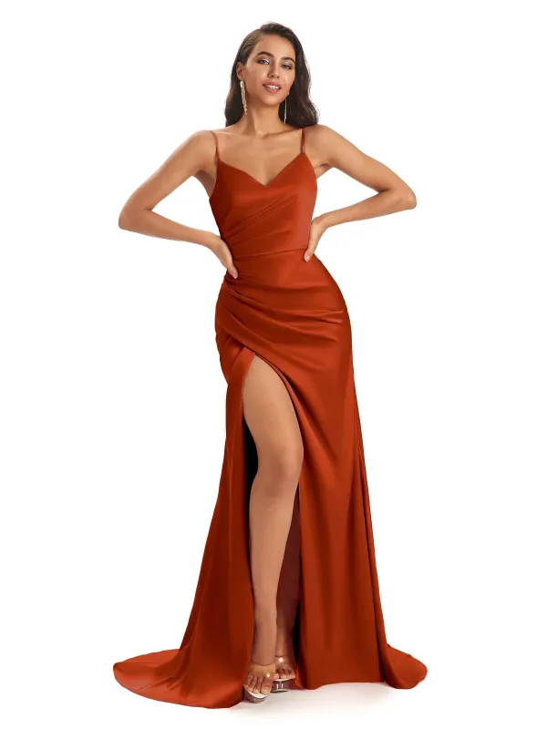 Sexy Spaghetti Straps Mermaid Soft Satin Maxi Formal Prom Dresses With Slit Sale sold by ChicSew