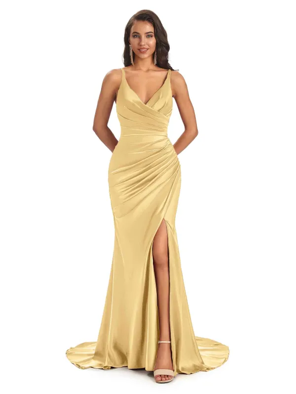 Sexy Spaghetti Straps V-neck Long Mermaid Satin Formal Prom Dresses With Slit Sale sold by ChicSew