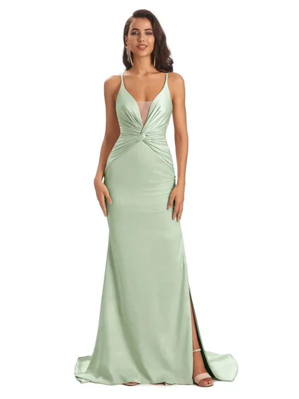 Sexy Mermaid V-Neck Spaghetti Straps Satin Long Party Prom Dresses With Slit 2023 Sale sold by ChicSew