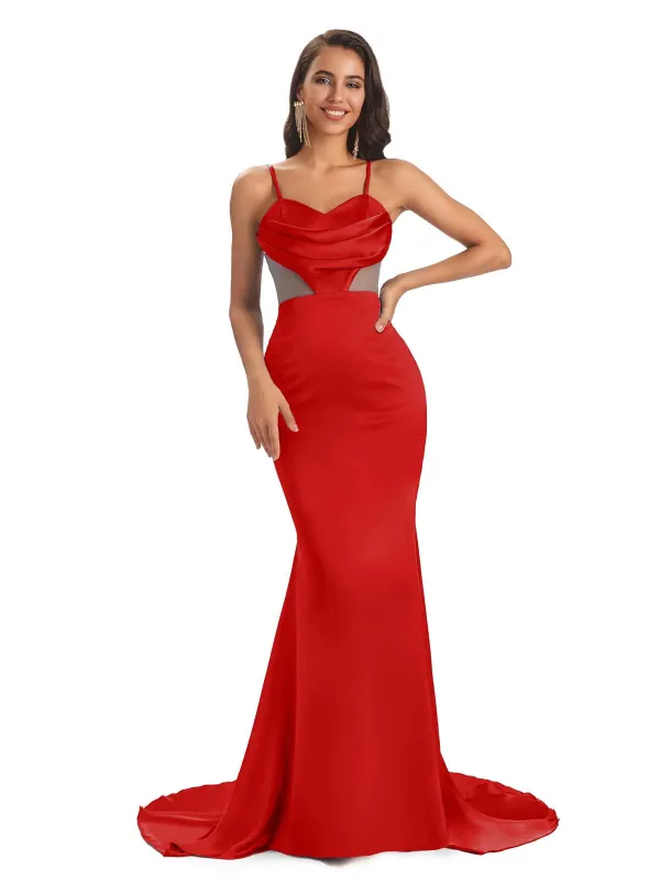 Sexy Spaghetti Straps Soft Satin Mermaid See Through Formal Prom Dresses With Slit Sale sold by ChicSew
