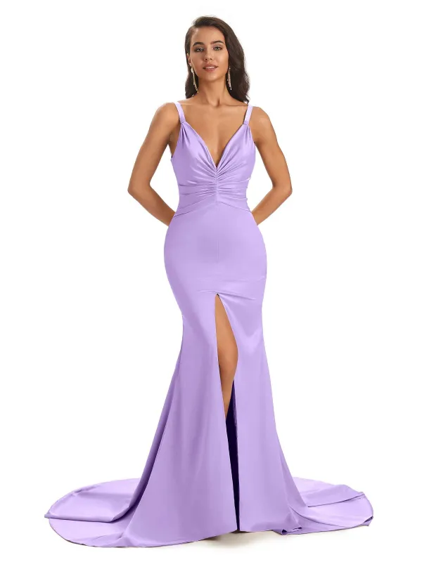 Sexy Spaghetti Straps V-Neck Satin Long Mermaid Evening Prom Dresses With Slit Sale sold by ChicSew