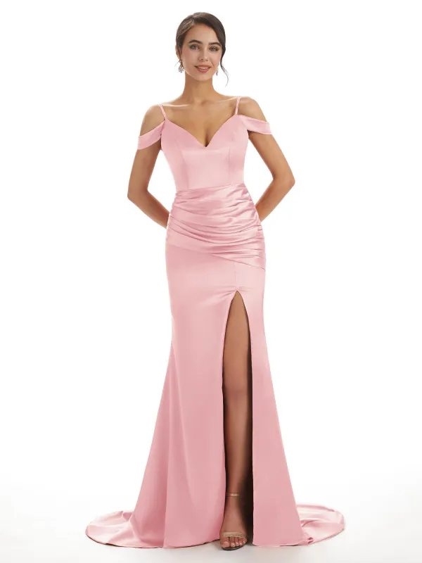 Sexy Cold Shoulder Soft Satin Long Mermaid Formal Prom Dresses With Slit Sale sold by ChicSew