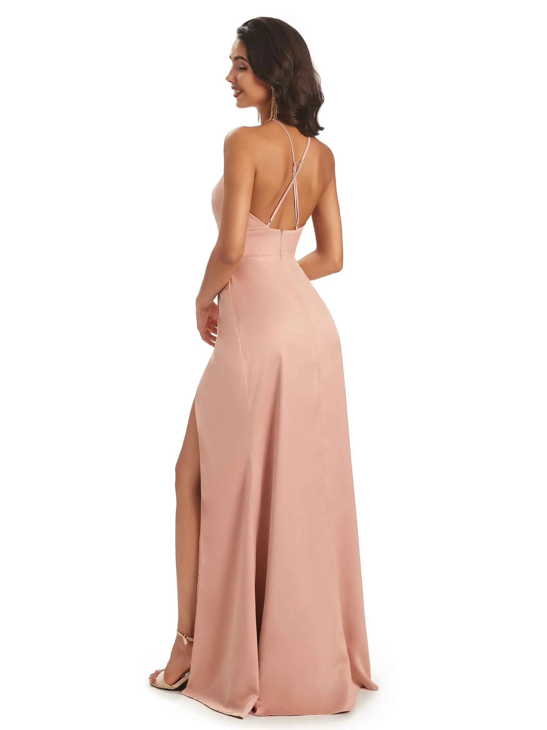 Sexy Satin Halter Criss-Cross Side Slit Long Graduation Prom Dresses Online Sale sold by ChicSew product image thumbnail 3